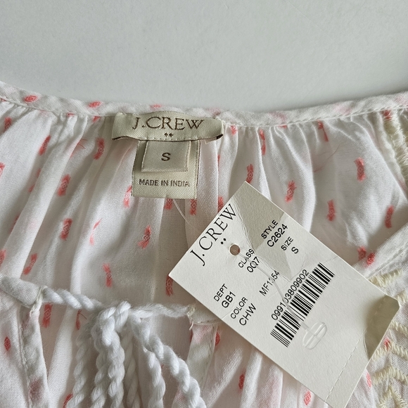 J Crew Womens Small Peasant Blouse Embroidered White Pink Print Tassel New Tags - Picture 6 of 7